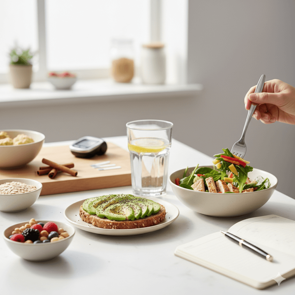 Balanced meal and light movement supporting steady energy and metabolic health